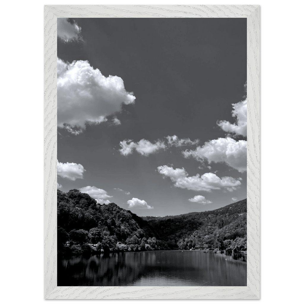 Black and white mounted framed poster of German river view, part of the travel collection, studio edition, 15x20 cm print.