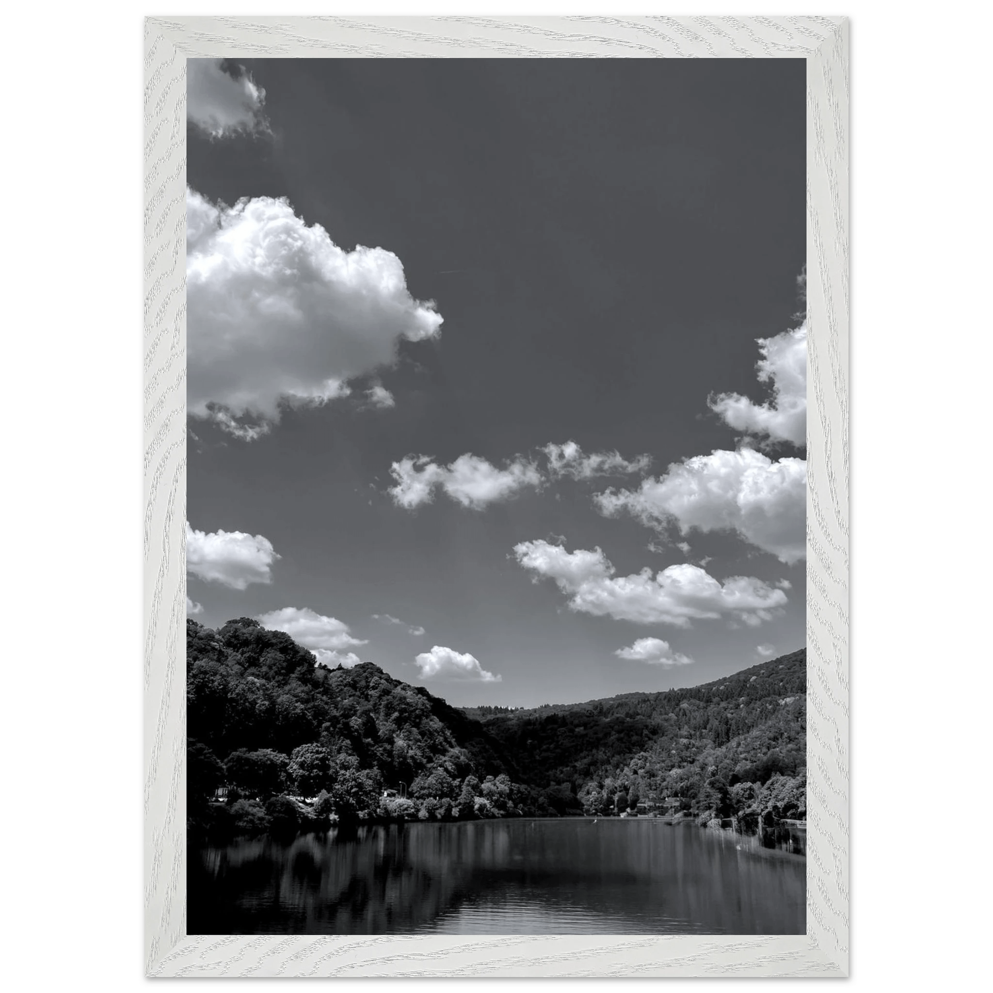 Black and white mounted framed poster of German river view, part of the travel collection, studio edition, 15x20 cm print.