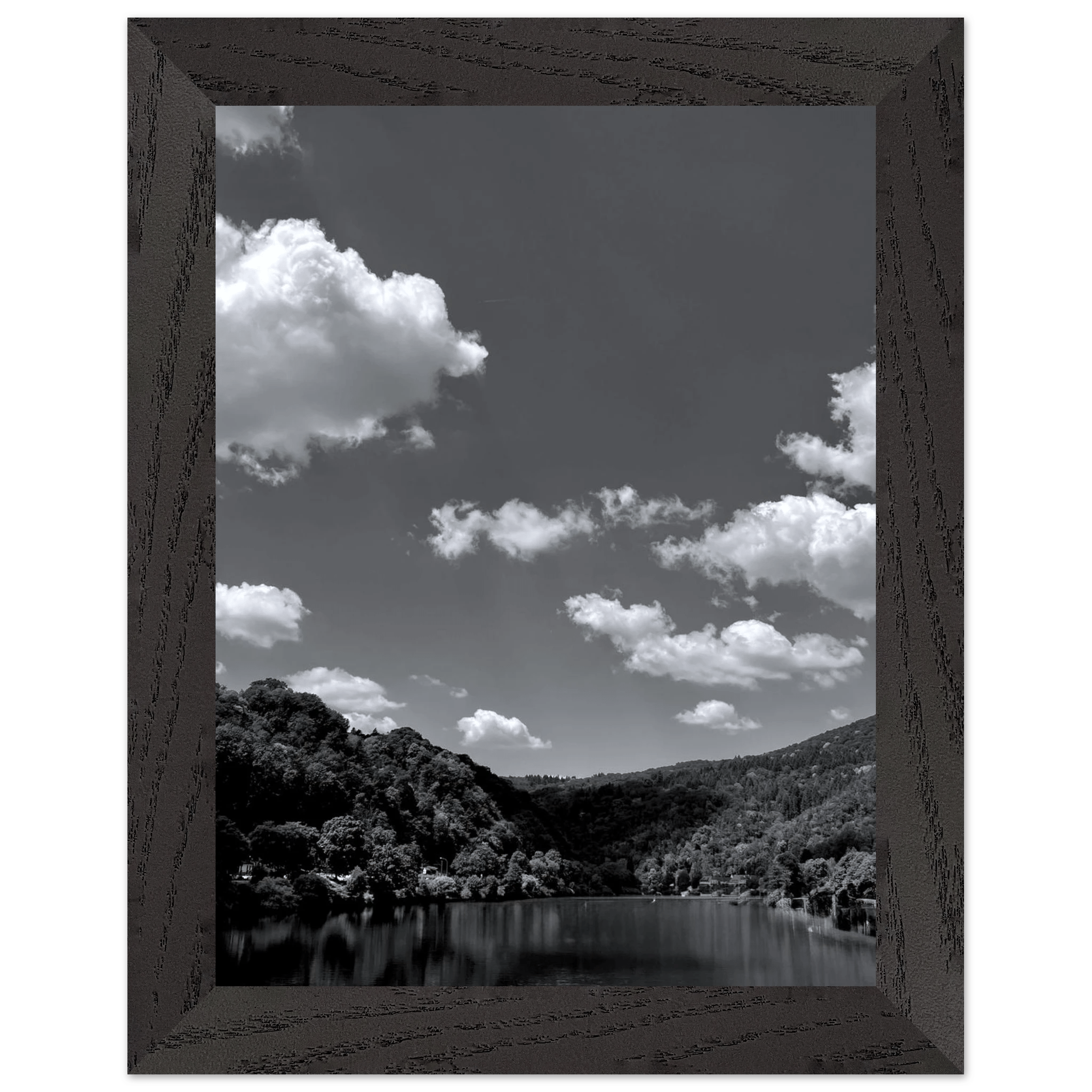 Black and white mounted framed poster of a German river view, 15x20 cm print from the Studio Edition travel collection.
