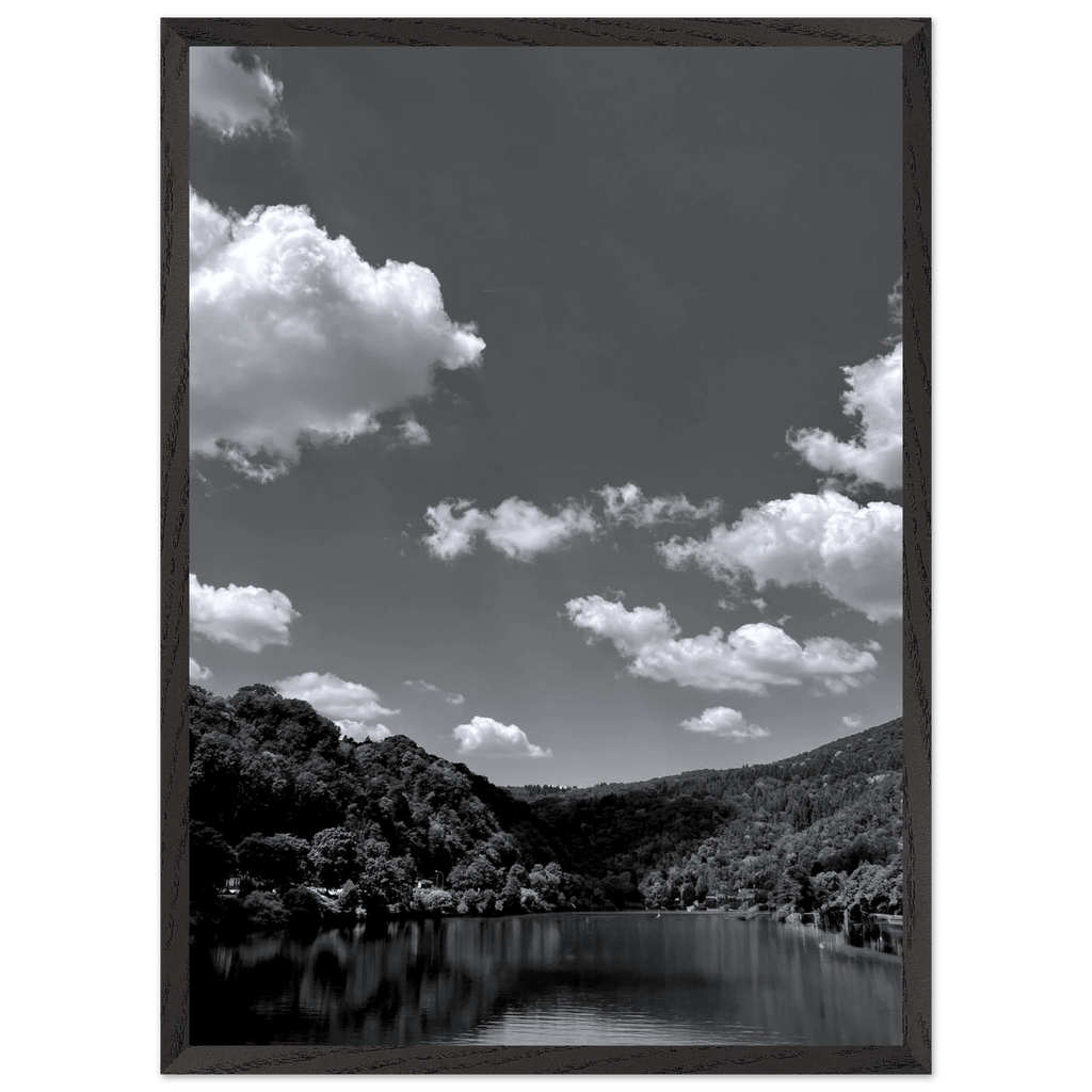 Black and white mounted framed poster of a German river view from the My Store travel collection, 15x20 cm print with white frame.