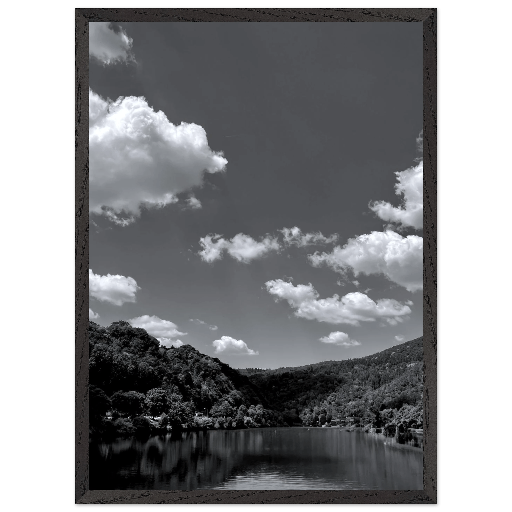 Black and white mounted framed poster of a German river view from the My Store travel collection, 15x20 cm print with white frame.