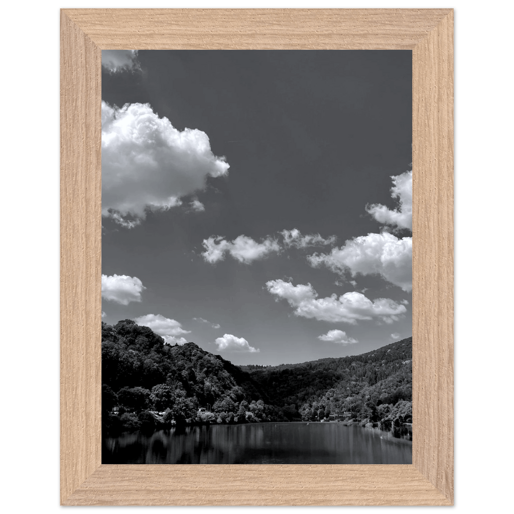 Black and white mounted framed poster of a German river view from the Travel Collection, Studio Edition Spring 26, 15x20 cm print.
