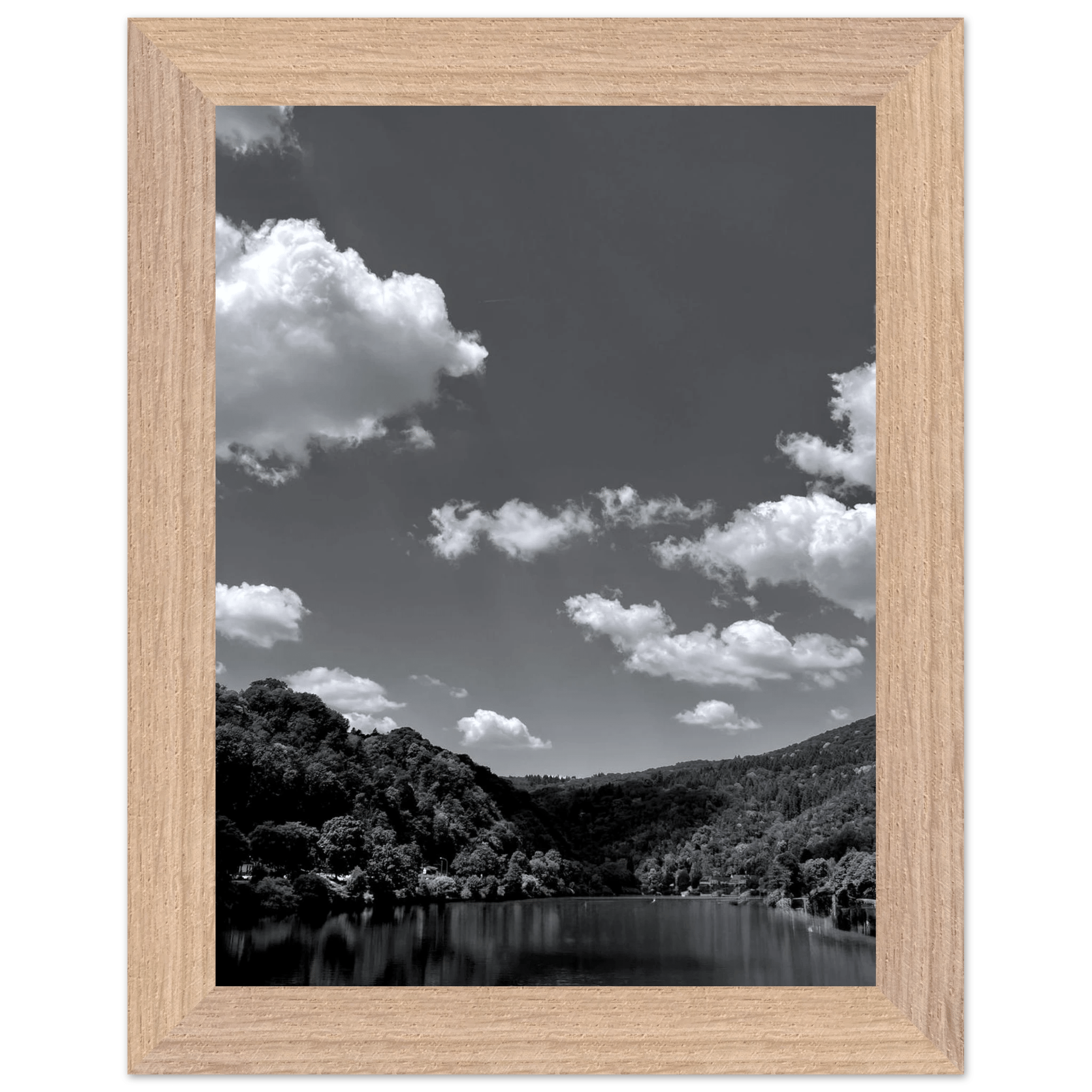 Black and white mounted framed poster of a German river view from the Travel Collection, Studio Edition Spring 26, 15x20 cm print.