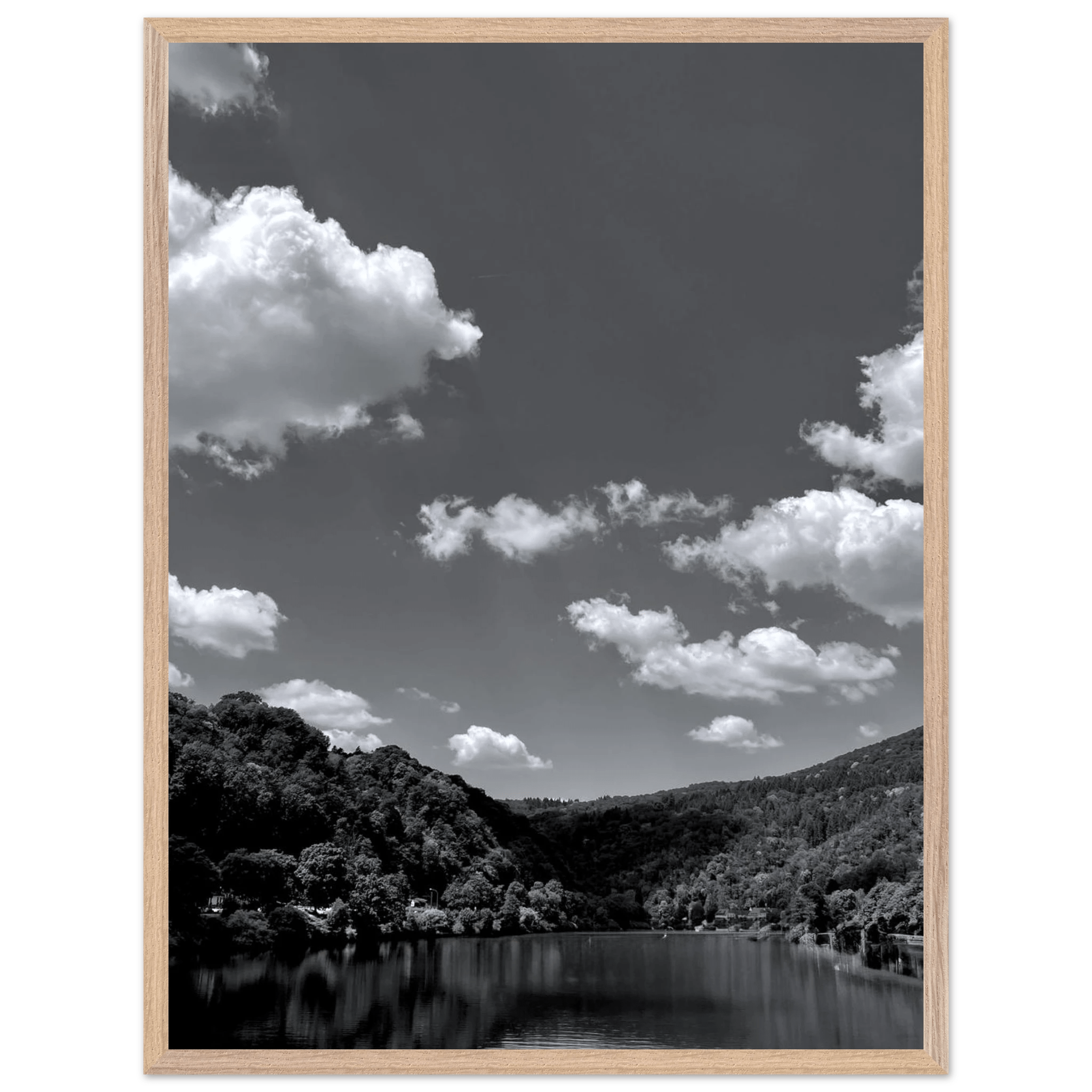 Black and white mounted framed poster of a German river view, 15x20 cm print from the Travel Collection Studio Edition.