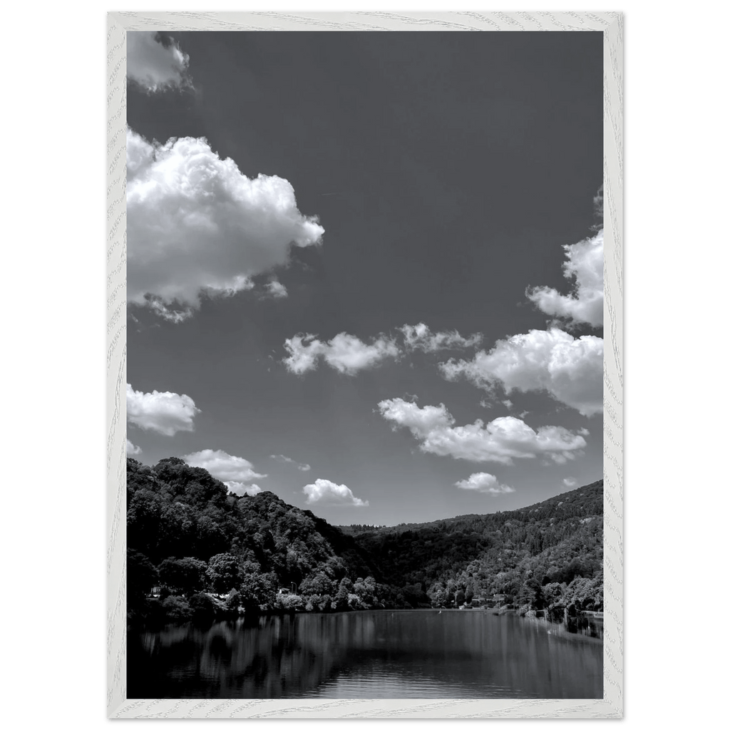 Black and white mounted framed poster of a German river view from the Travel Collection, studio edition, 15x20 cm print.