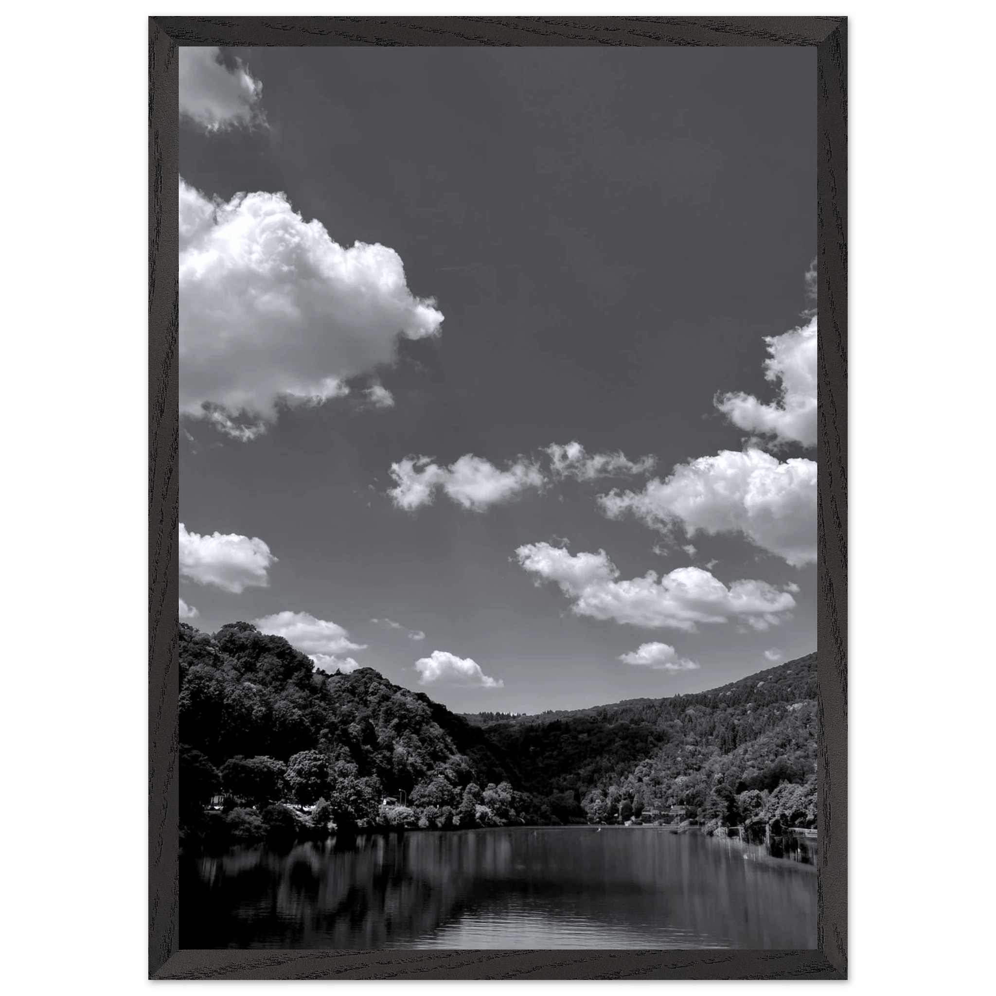 Black and white mounted framed poster of a German river view from the Black & White Travel Collection, Spring 26 Studio Edition.
