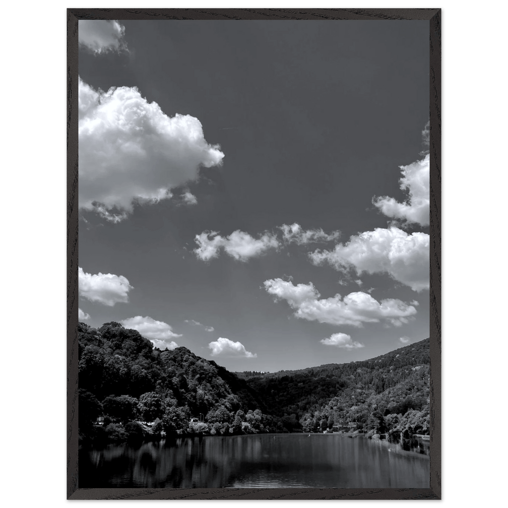 Black and white mounted framed poster of a German river view from the Travel Collection studio edition, 15x20 cm print.