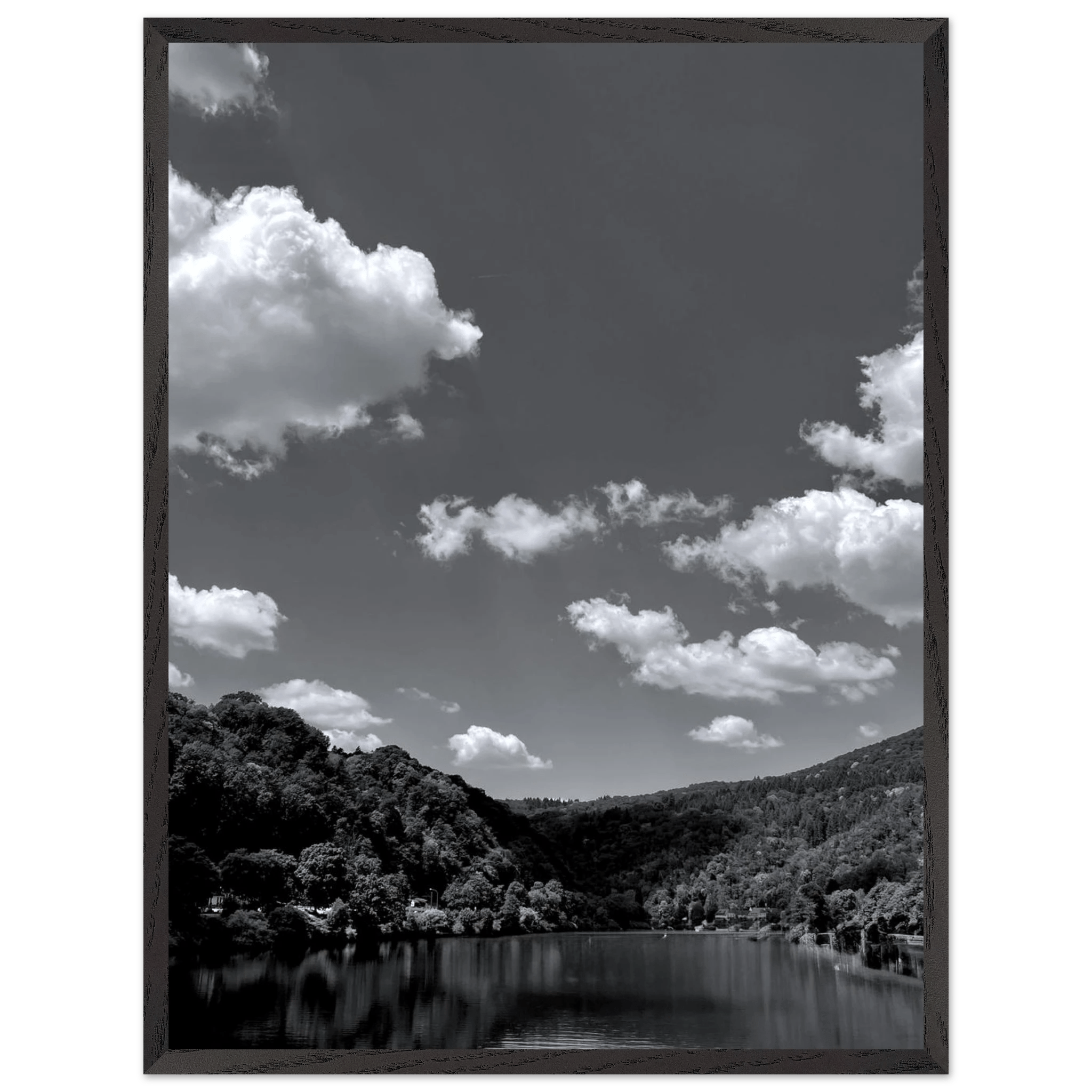 Black and white mounted framed poster of a German river view from the Travel Collection studio edition, 15x20 cm print.