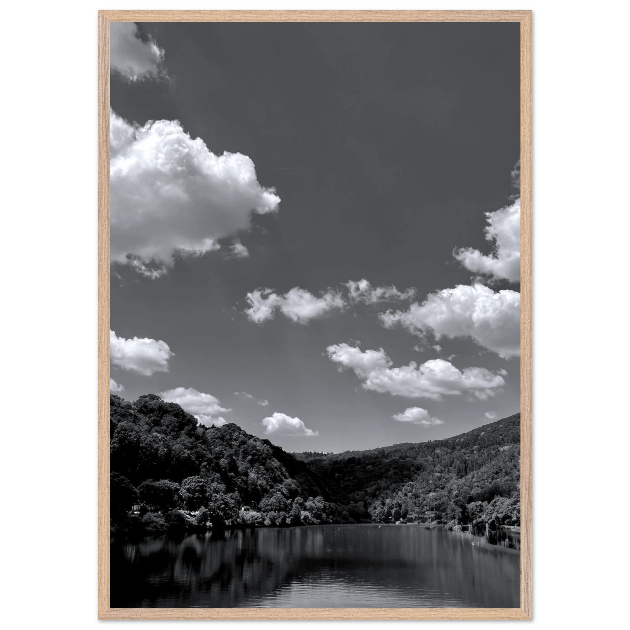 Black and white mounted framed poster of a German river view, 15x20 cm print in white frame from the Black & White Travel Collection.