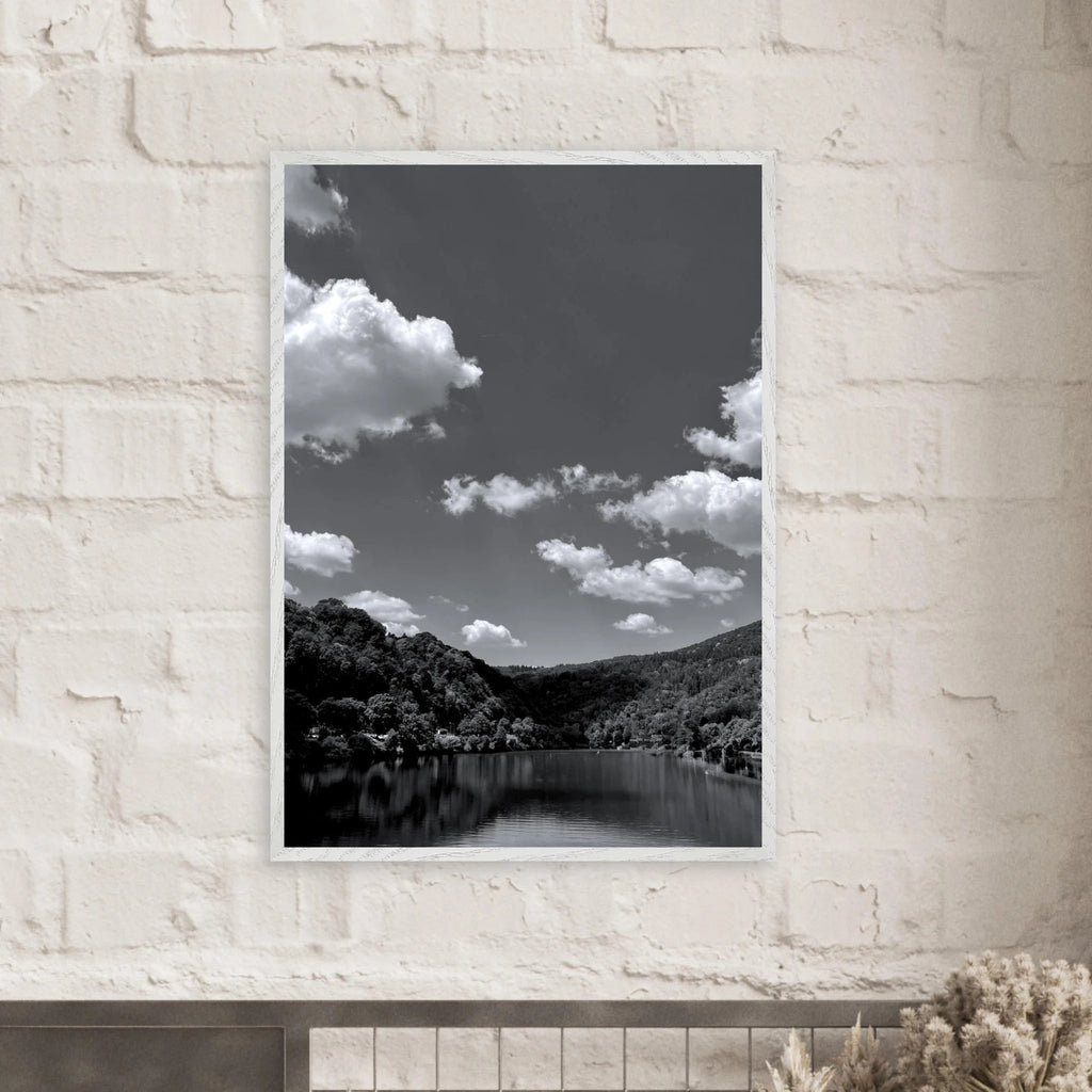 Black and white mounted framed poster of a German river view, 15x20 cm print in a white frame from the Black & White Travel Collection.