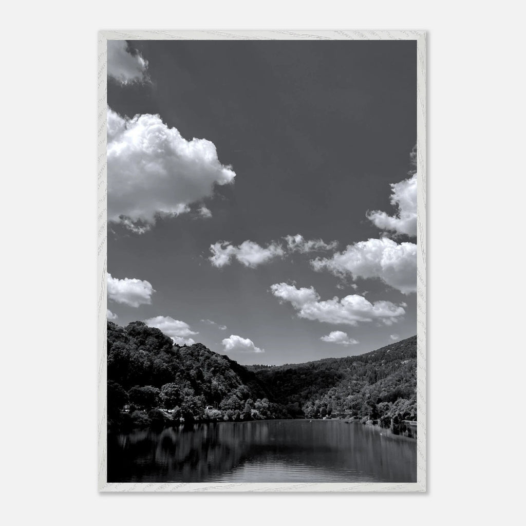 Black and white mounted framed poster of a German river view, 15x20cm print with white frame from the Black & White Travel Collection.