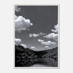 Black and white mounted framed poster of a German river view, 15x20cm print with white frame from the Black & White Travel Collection.