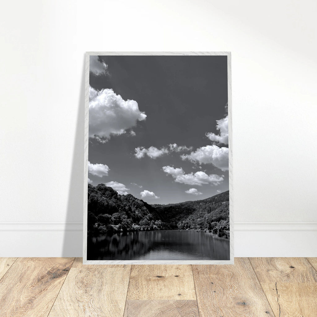 Black and white mounted framed poster of a German river view from the My Store travel collection, studio edition Spring 26, 15x20 cm.