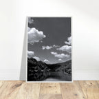 Black and white mounted framed poster of a German river view from the My Store travel collection, studio edition Spring 26, 15x20 cm.