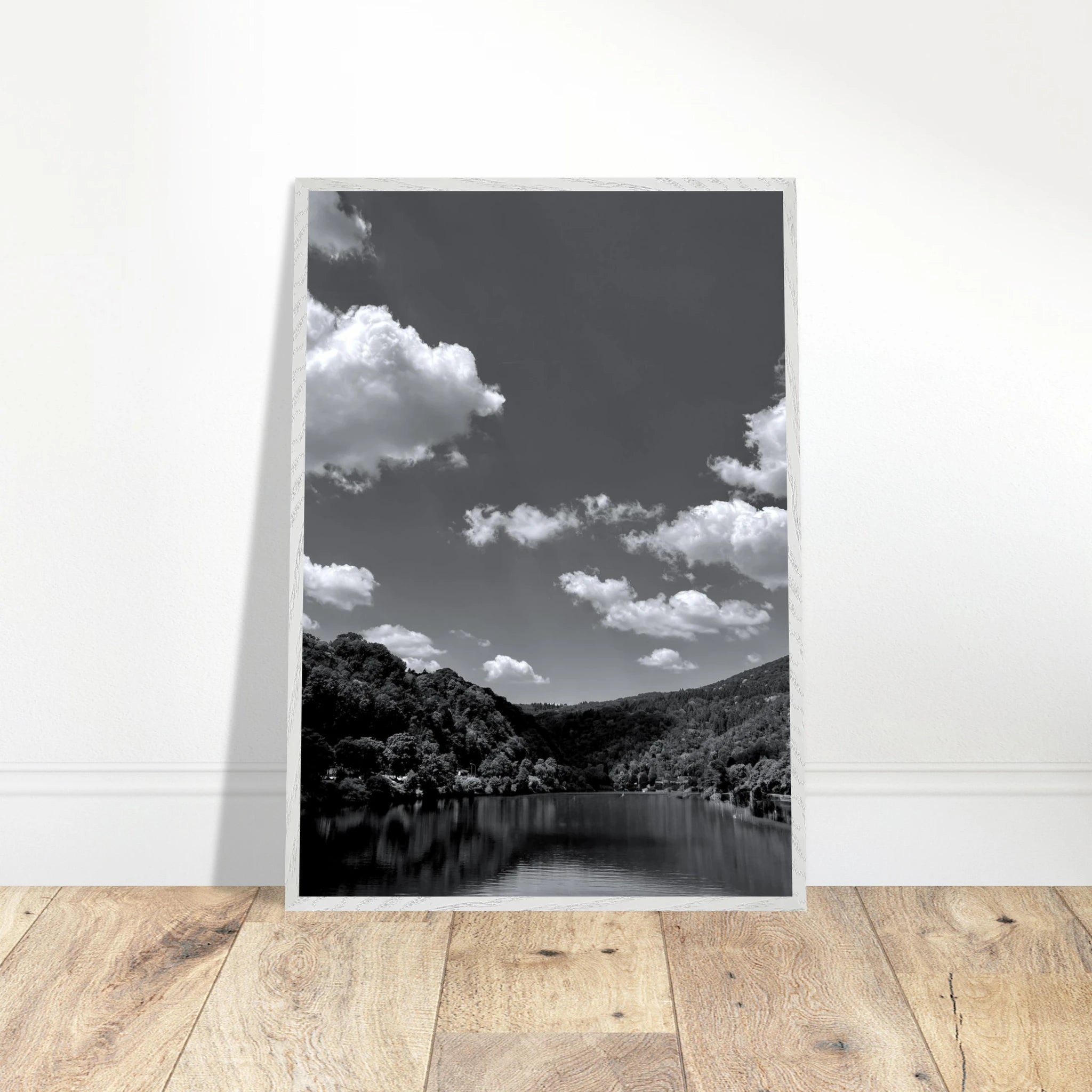 Black and white mounted framed poster of a German river view from the My Store travel collection, studio edition Spring 26, 15x20 cm.