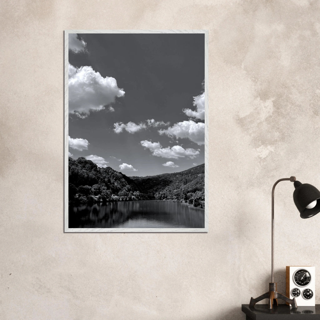 Black and white mounted framed poster of a German river view from the Travel Collection, studio edition print, 15x20 cm.