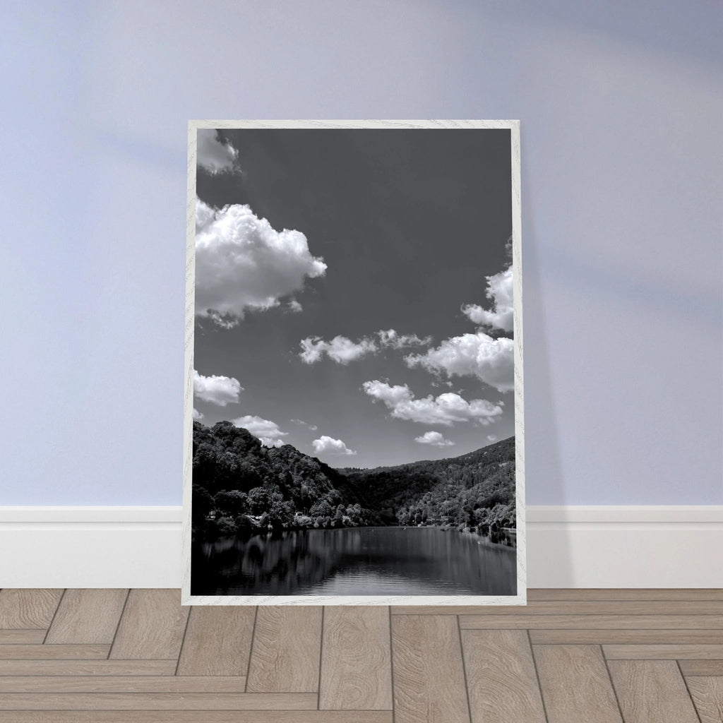 Black and white mounted framed poster of a German river view from the Studio Edition travel collection, 15x20 cm print material.