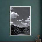 Black and white mounted framed poster of German river view, 15x20 cm print in a white frame, part of Black & White Travel Collection.