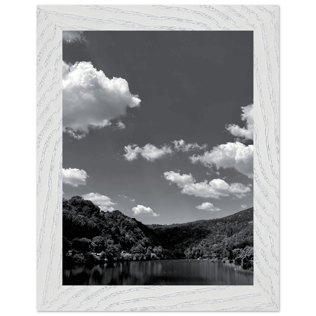 Black and white mounted framed poster of German river view from the My Store travel collection, studio edition Spring 26, 15x20 cm.