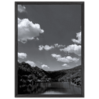 Black and white mounted framed poster of a German river view, 15x20 cm print with white frame from the Black & White Travel Collection.