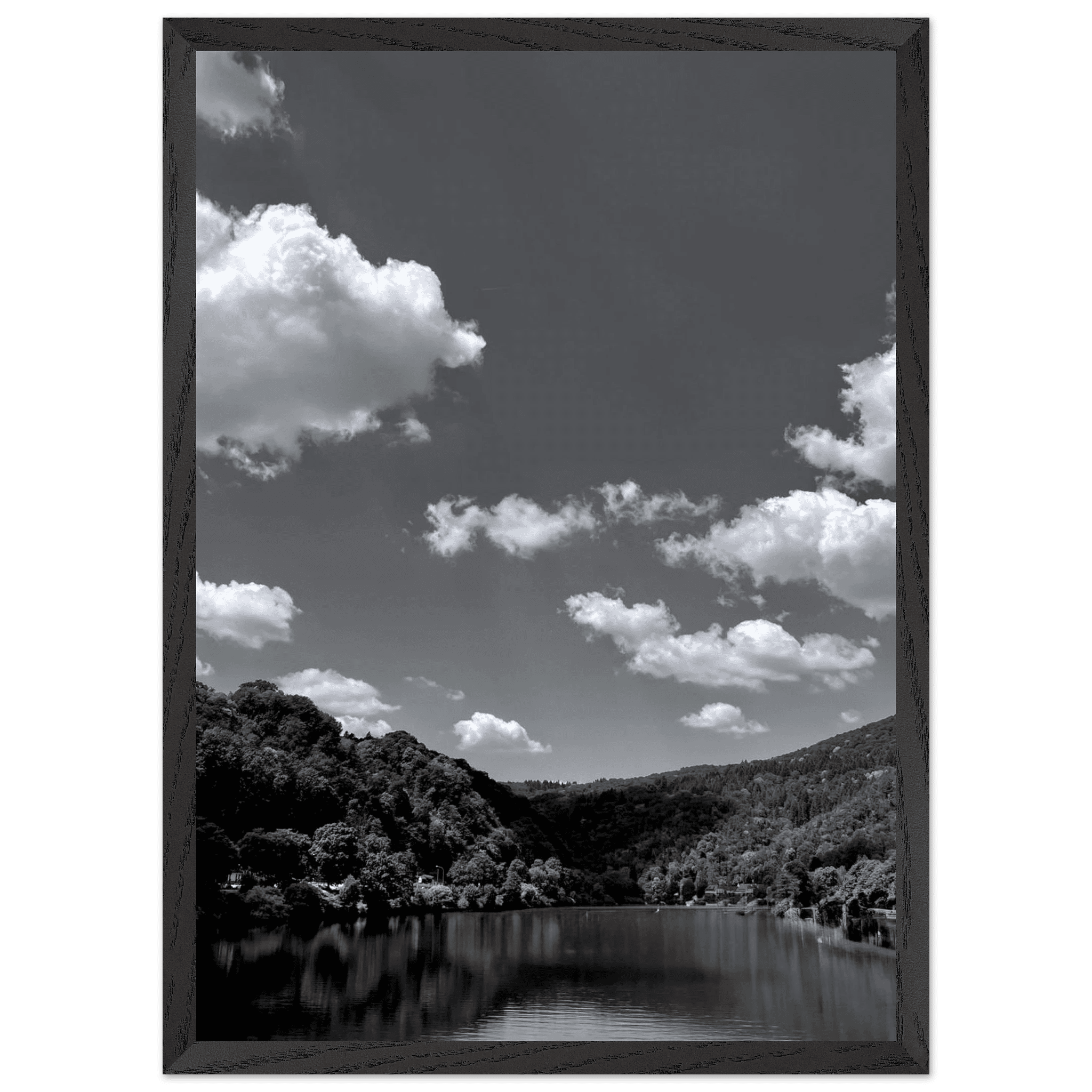 Black and white mounted framed poster of a German river view, 15x20 cm print with white frame from the Black & White Travel Collection.