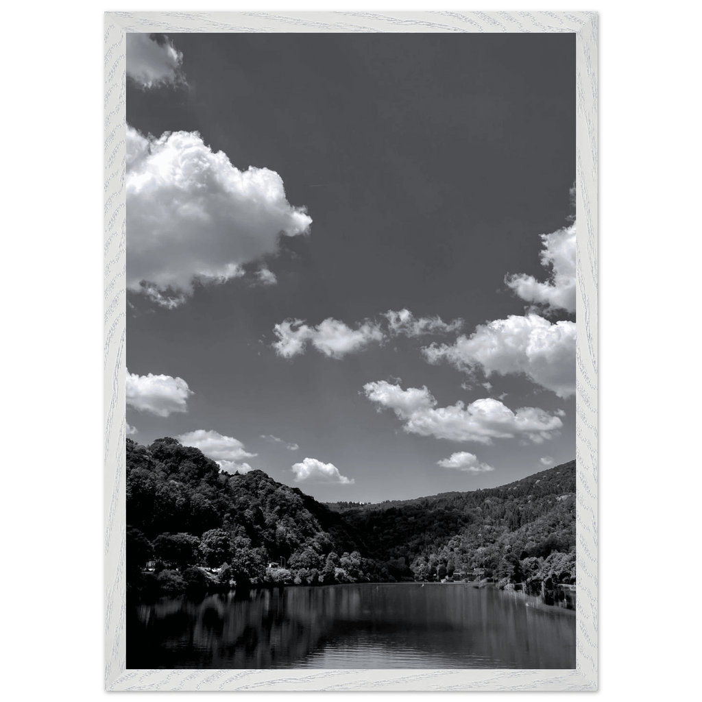 Black and white mounted framed poster of a German river view, 15x20 cm print in a white frame from the Black & White Travel Collection.