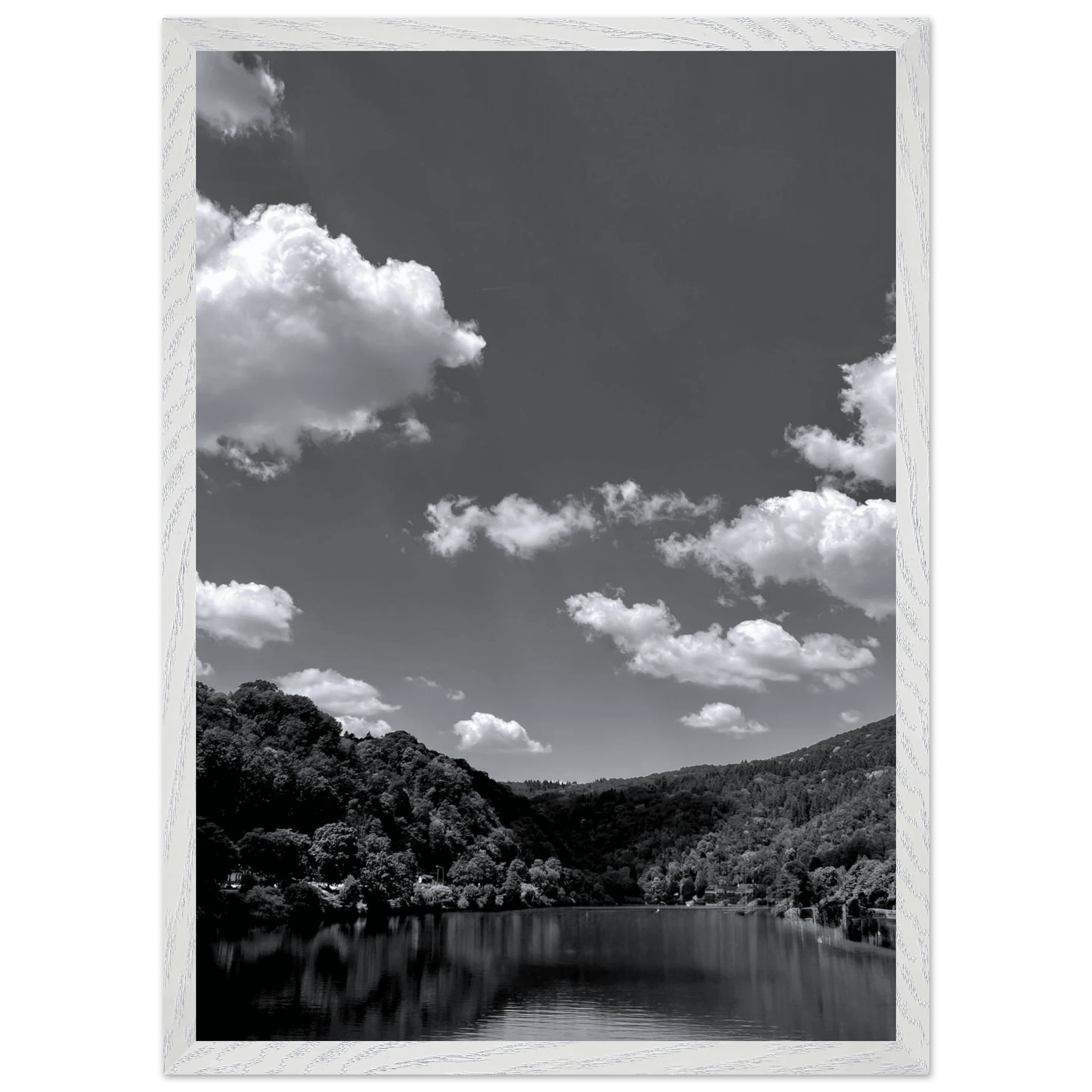 Black and white mounted framed poster of a German river view, 15x20 cm print in a white frame from the Black & White Travel Collection.