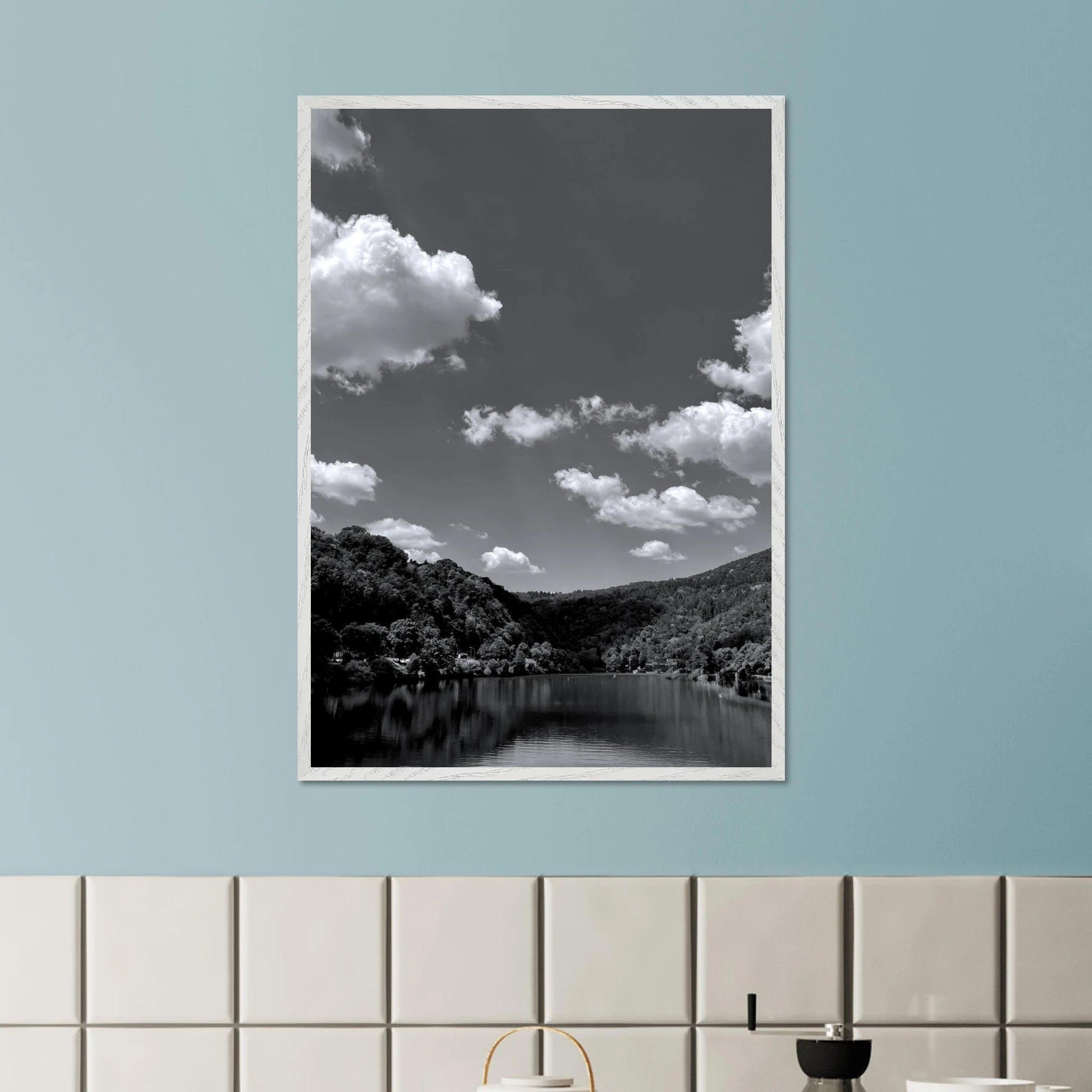 Black and white mounted framed poster of a German river view from the Travel Collection, 15x20 cm print with white frame.