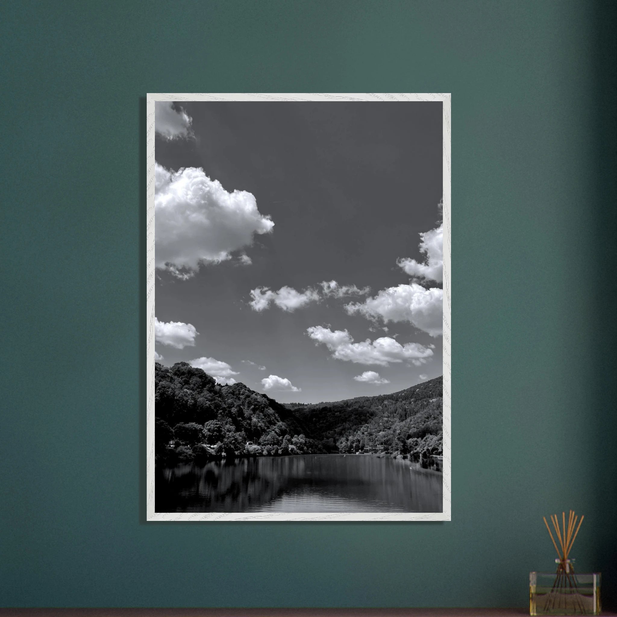 Black and white mounted framed poster of a German river view from the Studio Edition Spring 26 travel collection, 15x20 cm print.