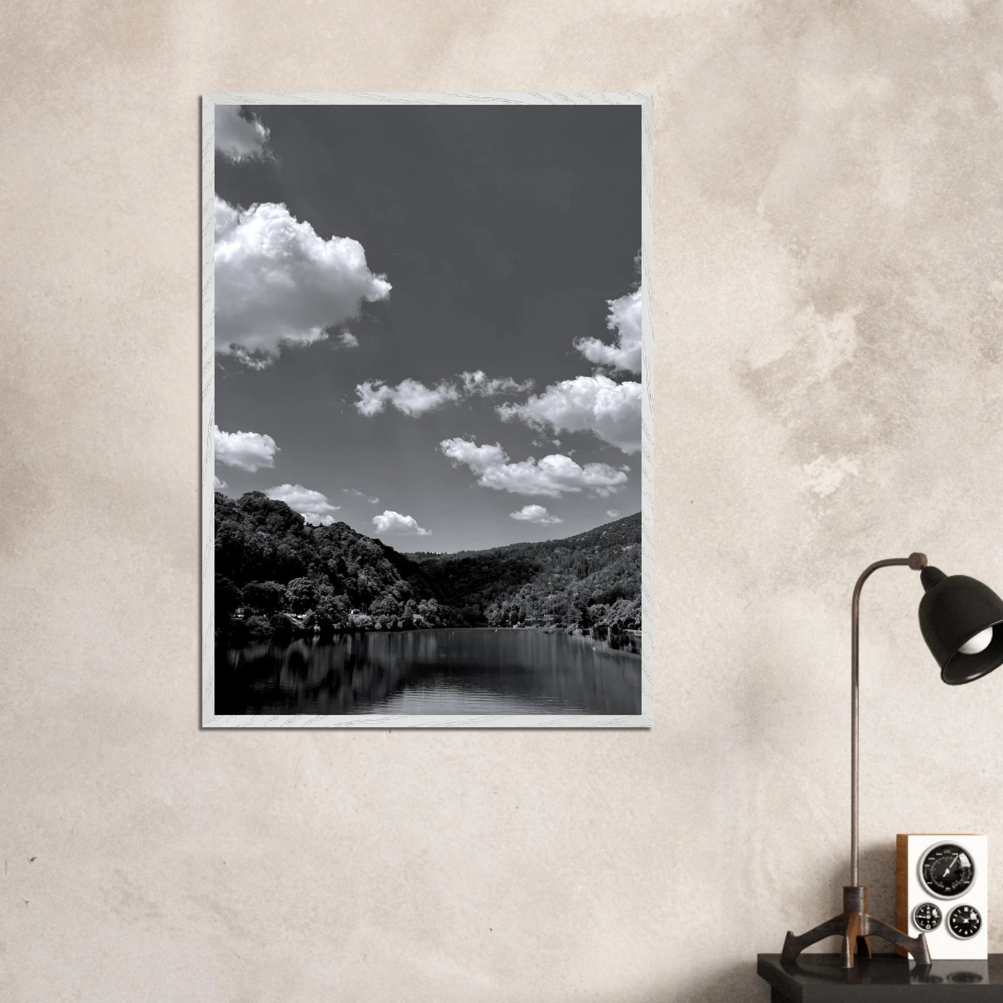 Black and white mounted framed poster of a German river view, featuring a stunning river scene from the travel collection.
