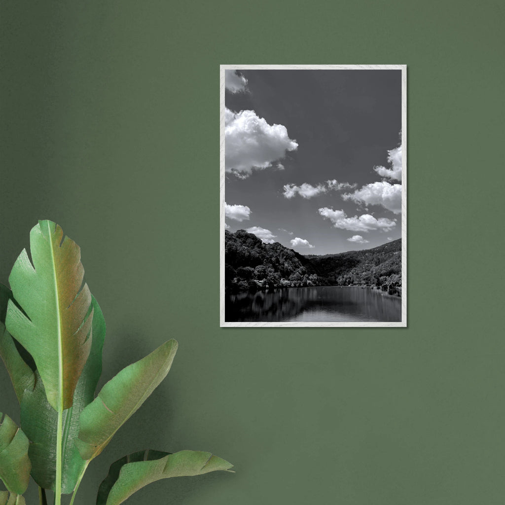 Black and white mounted framed poster of a German river view, 15x20 cm print in a white frame from the Black & White Travel Collection.