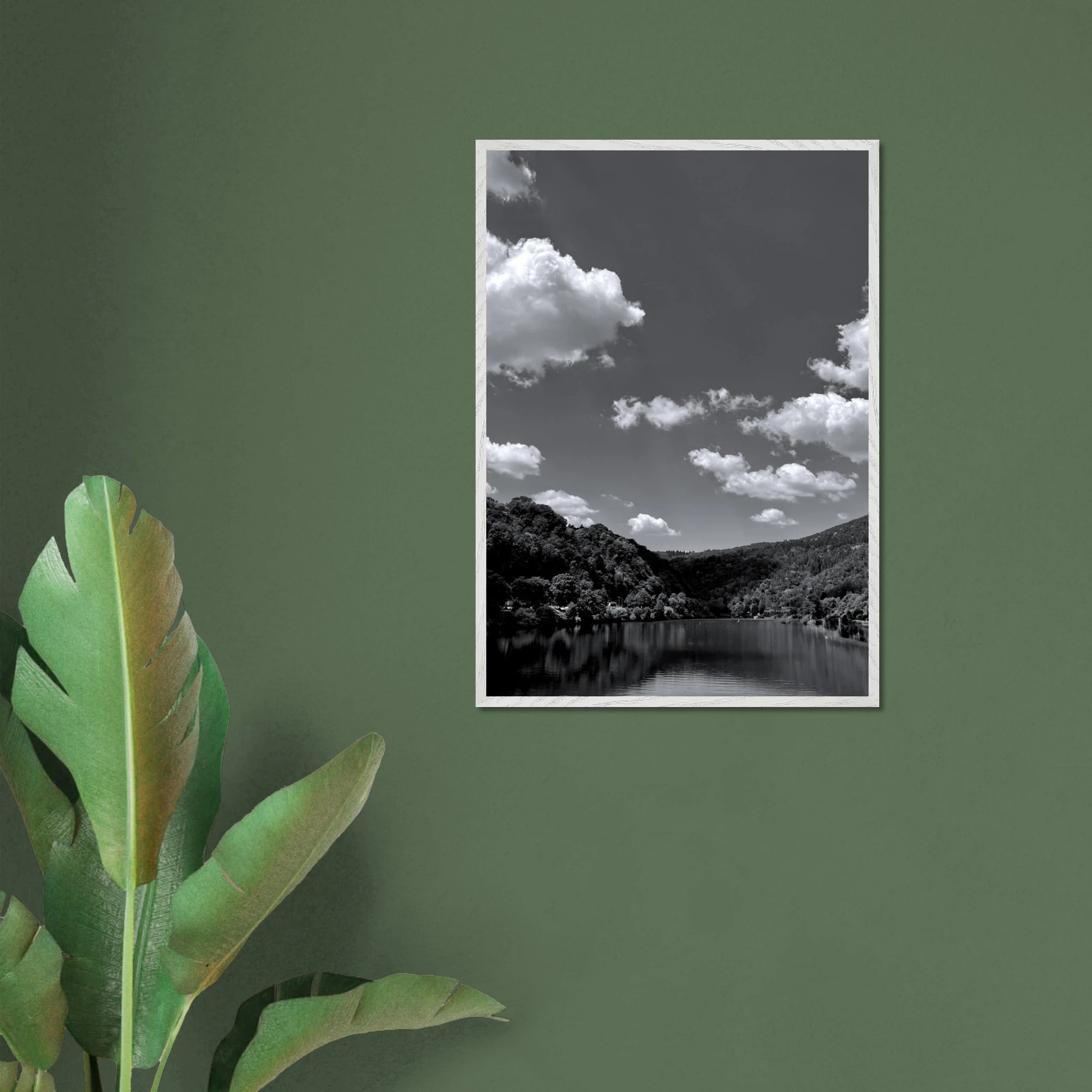 Black and white mounted framed poster of a German river view, 15x20 cm print in a white frame from the Black & White Travel Collection.