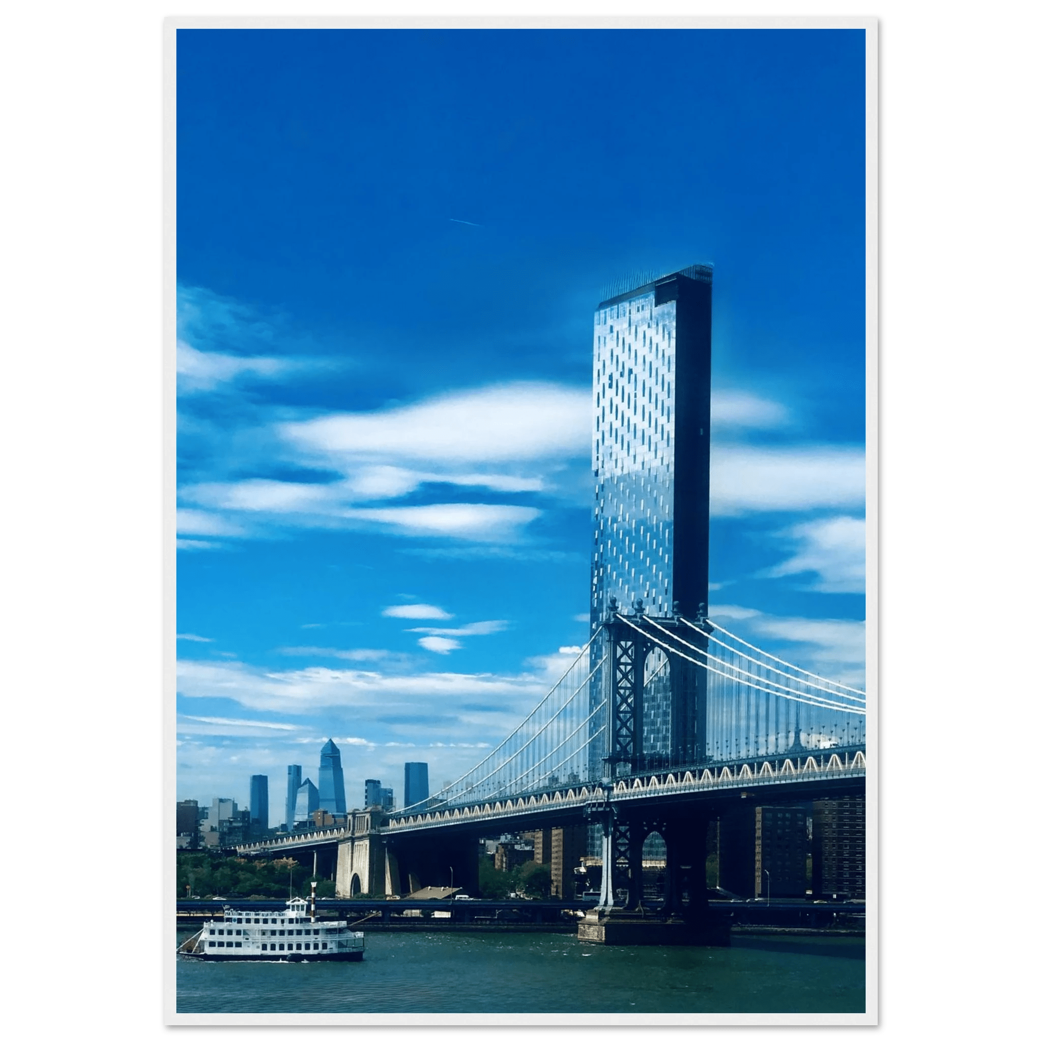 Framed NYC Manhattan Bridge and East River urban photography print from the Travel Collection, Studio Edition.