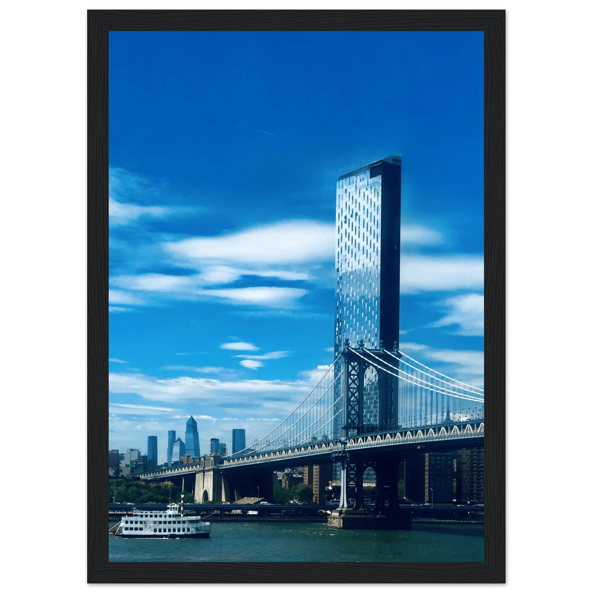 Framed NYC Manhattan Bridge and East River urban photography print, showcasing iconic New York City skyline and bridge details.