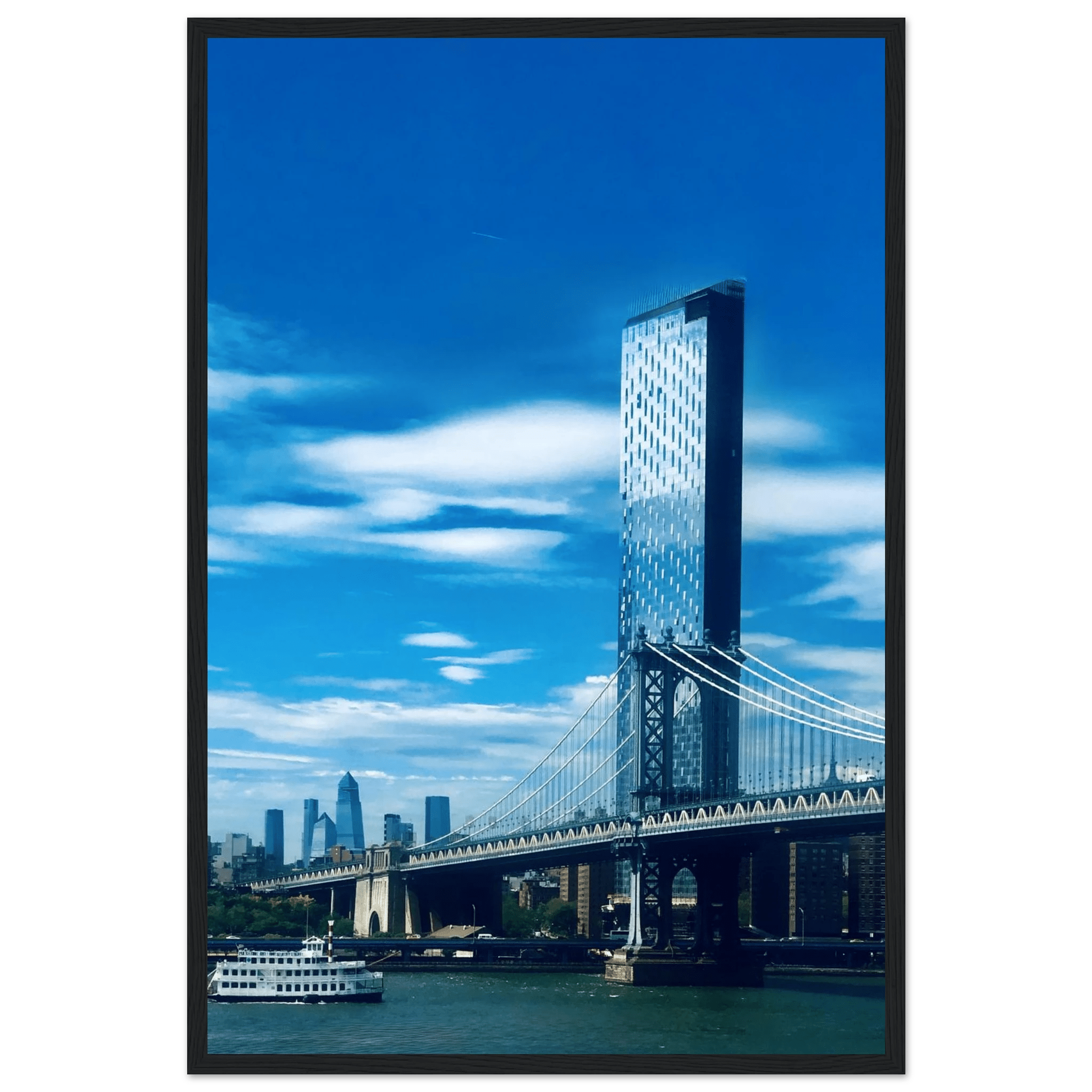 Framed NYC Manhattan Bridge and East River urban photography print, showcasing iconic New York City skyline and bridge details.