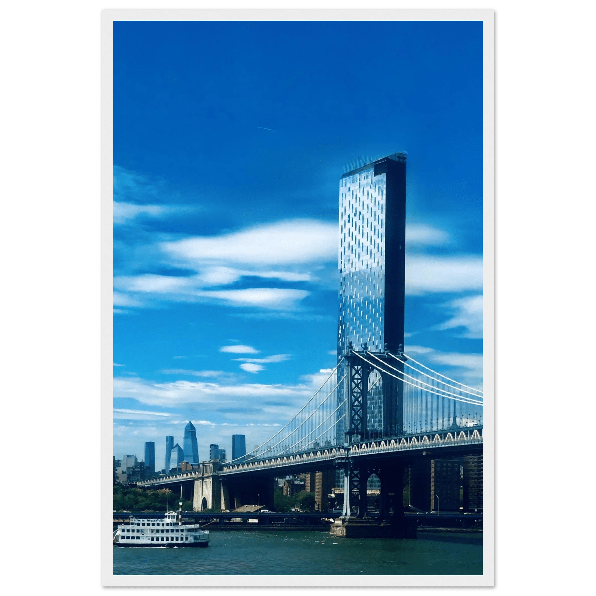 Framed NYC Manhattan Bridge and East River urban photography poster, showcasing iconic New York City skyline and bridge details.