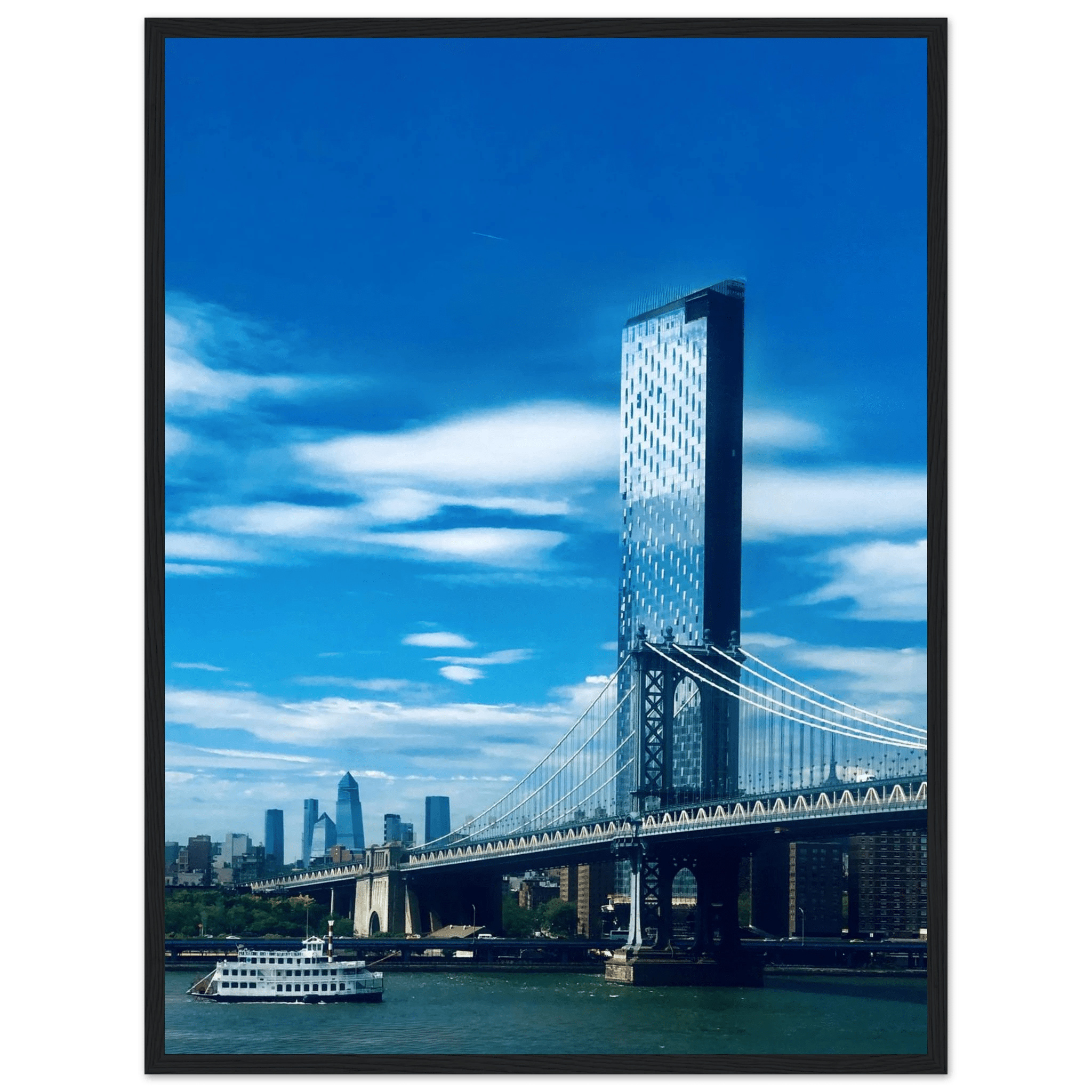 Framed NYC Manhattan Bridge and East River urban photography poster, featuring iconic cityscape and river views in a stylish studio edition.