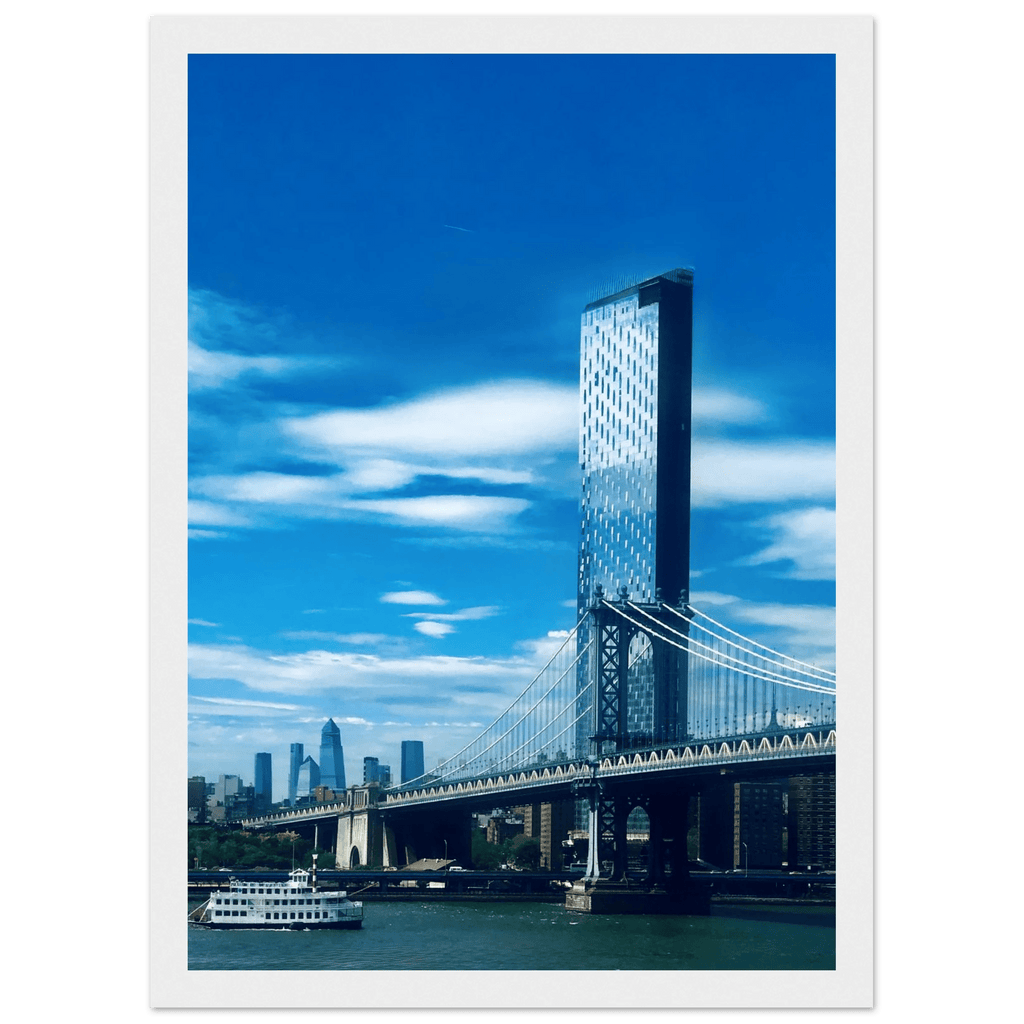 Framed NYC Manhattan Bridge and East River urban photography print in white frame, 15x20 cm, showcasing iconic NYC skyline wall art.