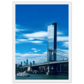 Framed NYC Manhattan Bridge and East River urban photography print in white frame, 15x20 cm, showcasing iconic NYC skyline wall art.