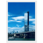 Framed NYC Manhattan Bridge and East River urban photography print in white frame, 15x20 cm, showcasing iconic NYC skyline wall art.
