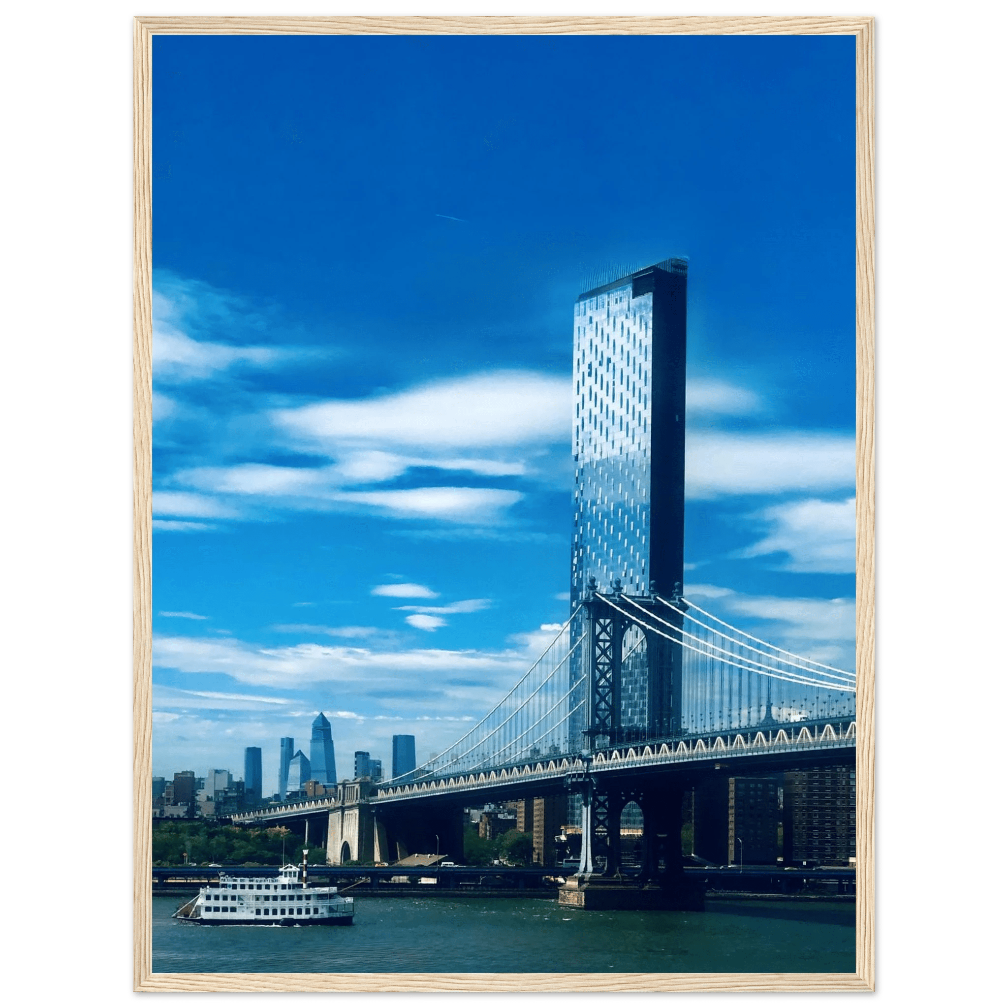 Framed NYC Manhattan Bridge and East River urban photography poster, showcasing iconic New York City skyline and river views.