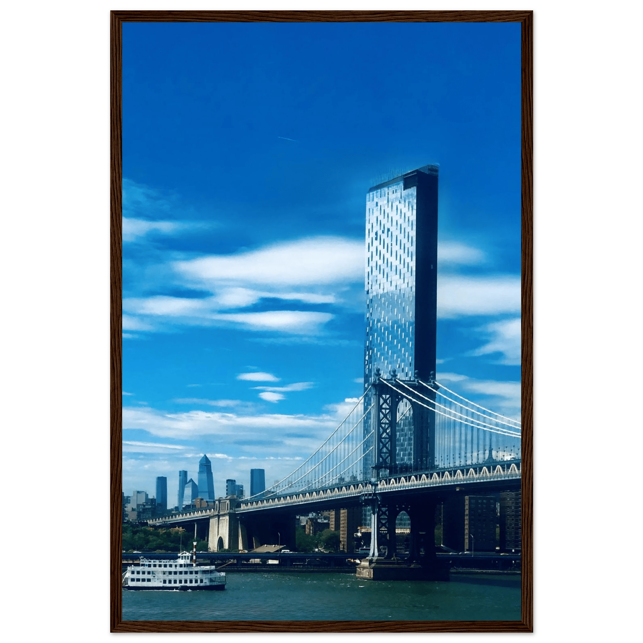 Framed NYC Manhattan Bridge and East River urban photography poster, studio edition travel collection print.