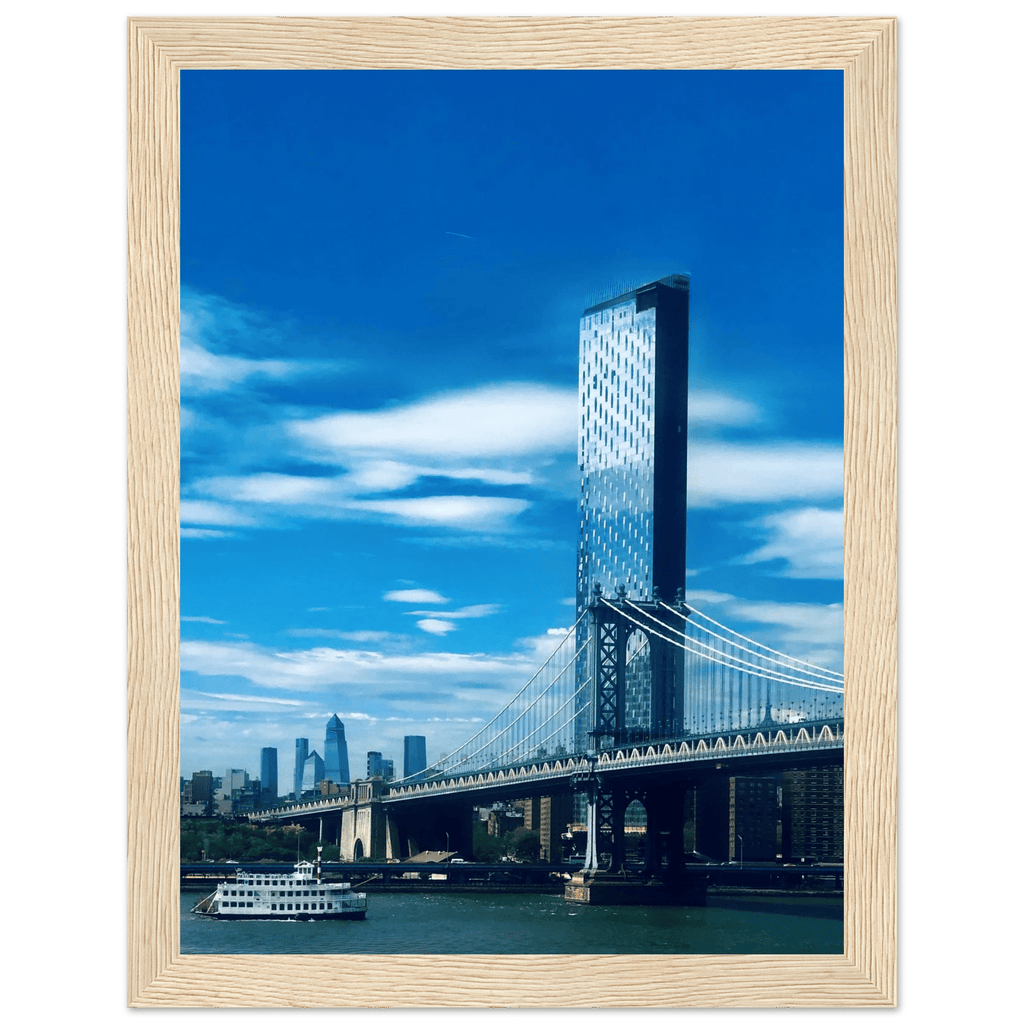Framed NYC Manhattan Bridge and East River print on white frame, urban photography wall art from My Store in 15x20 cm size.