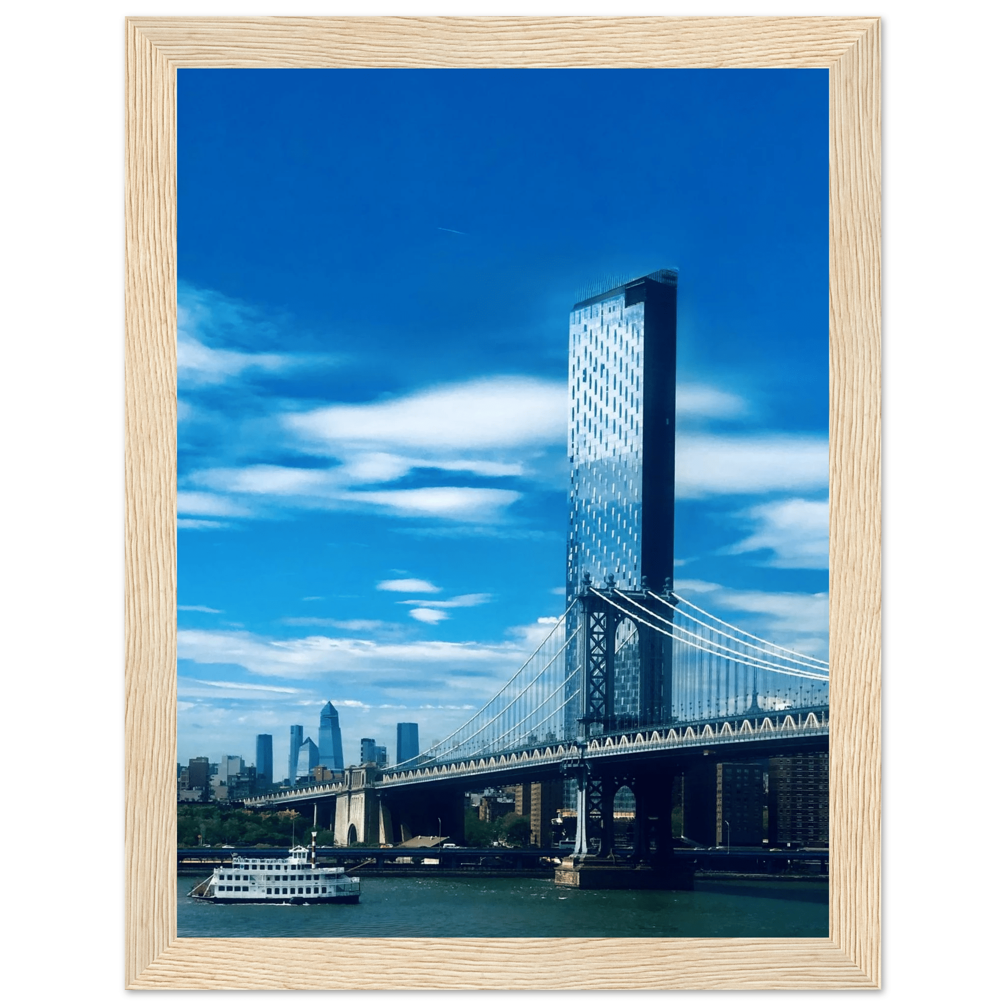 Framed NYC Manhattan Bridge and East River urban photography poster, showcasing iconic New York City skyline and bridge details.
