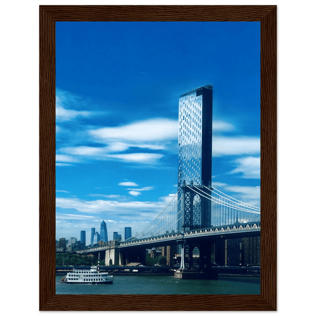 Framed NYC wall art print of Manhattan Bridge and East River in a 15x20 cm white frame, featuring urban photography of NYC.