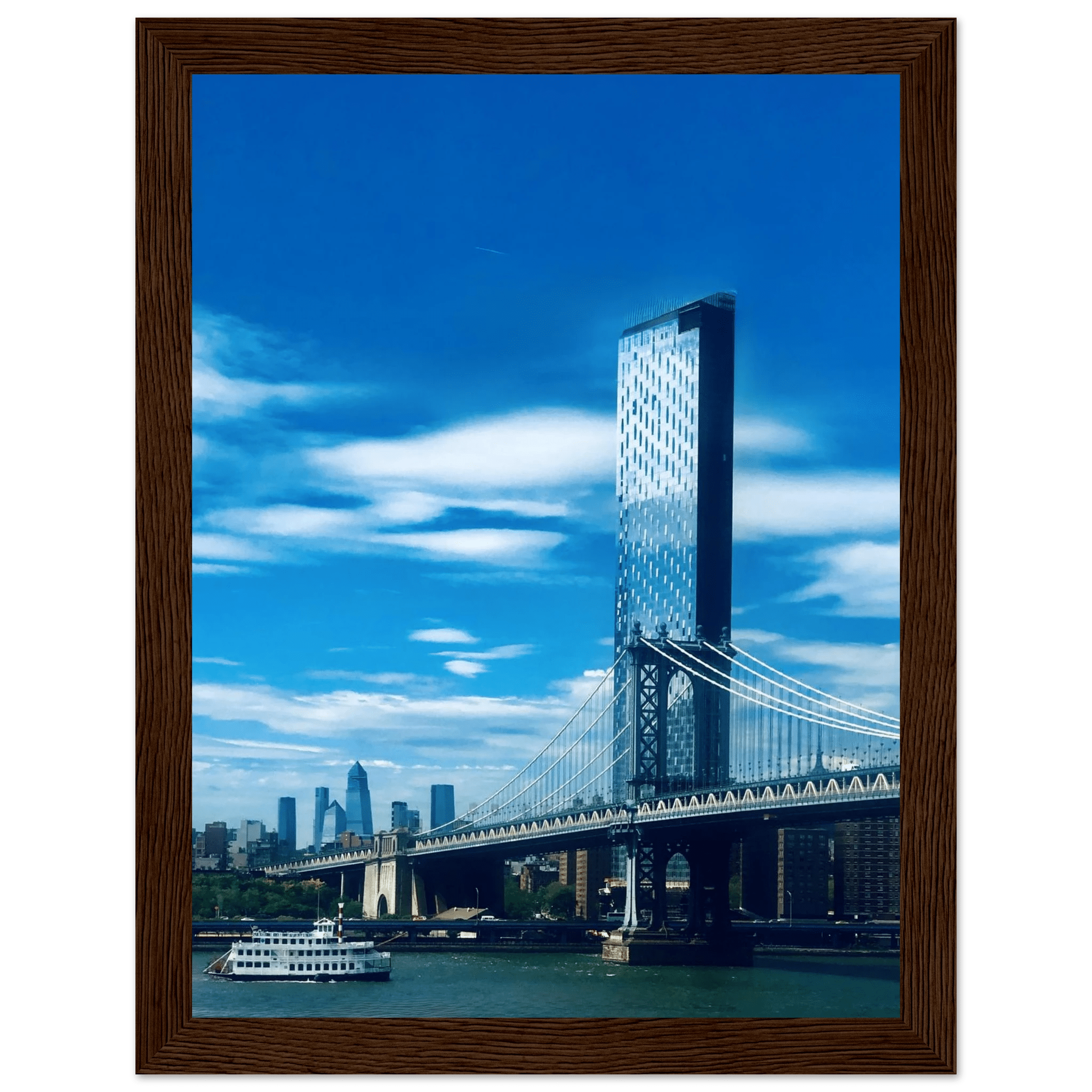 Framed NYC Manhattan Bridge and East River urban photography poster, featuring iconic New York City skyline and bridge views.