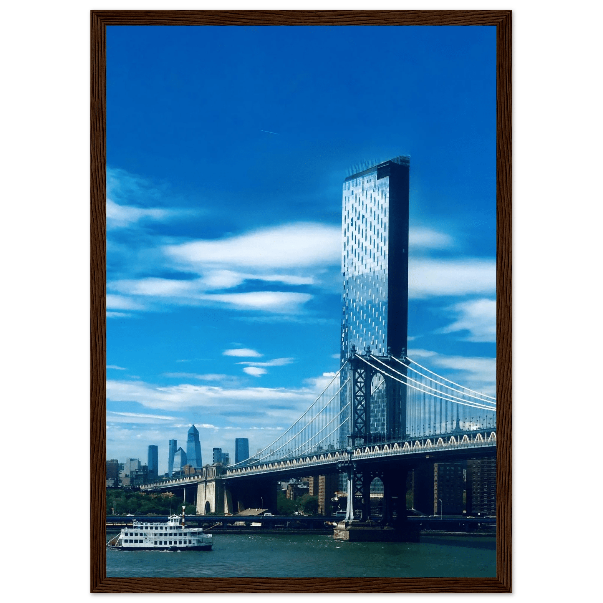 Framed NYC Manhattan Bridge and East River urban photo poster, studio edition travel collection, featuring iconic New York City skyline.