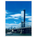 Framed NYC Manhattan Bridge and East River urban photography print in white frame, 15x20 cm, part of travel collection.