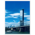 Framed NYC Manhattan Bridge and East River urban photography print in white frame, 15x20 cm, part of travel collection.