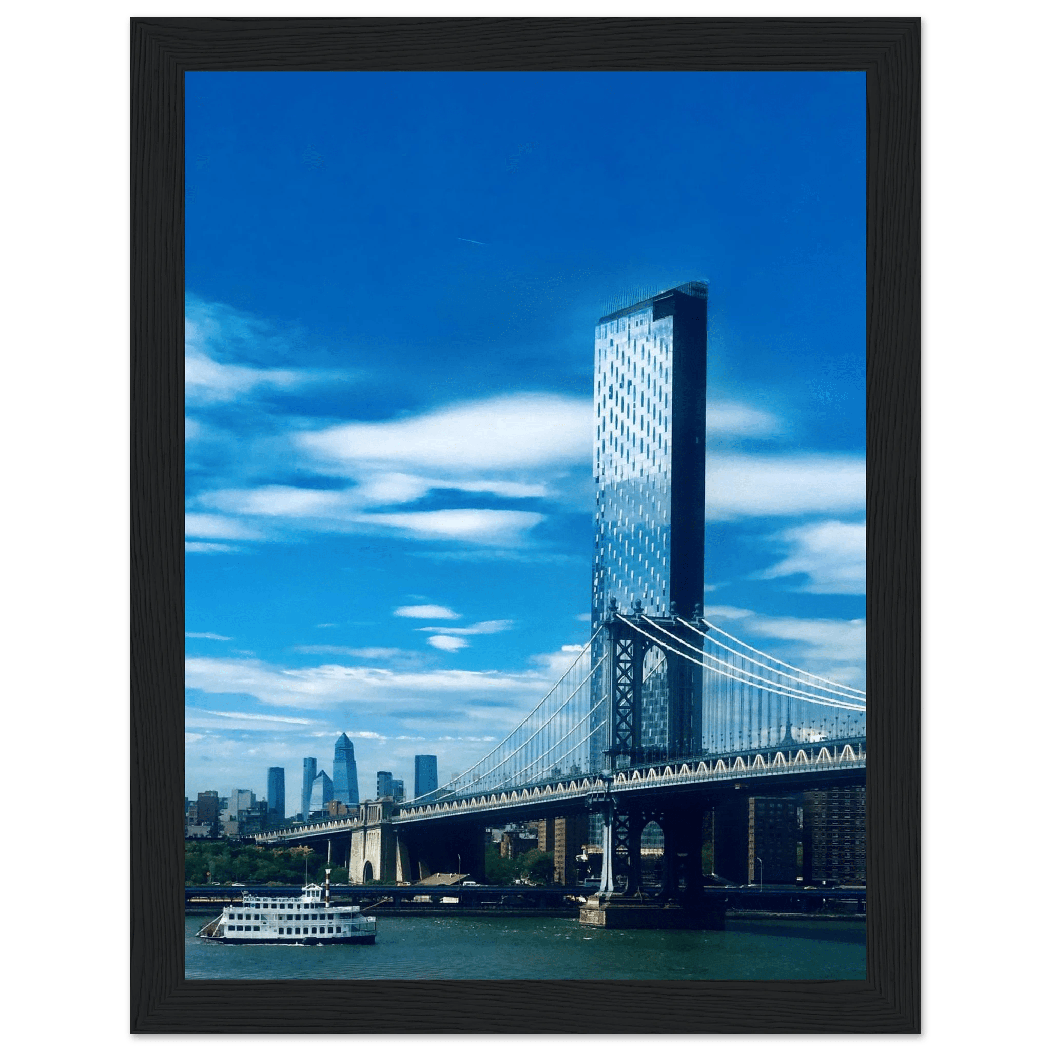 Framed NYC Manhattan Bridge and East River urban photography poster from the Travel Collection, Studio Edition.